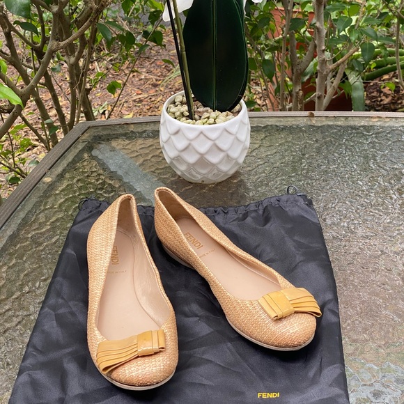 Fendi Shoes - Fendi Yellow Tweed & Patent Leather Bow Ballet Flats